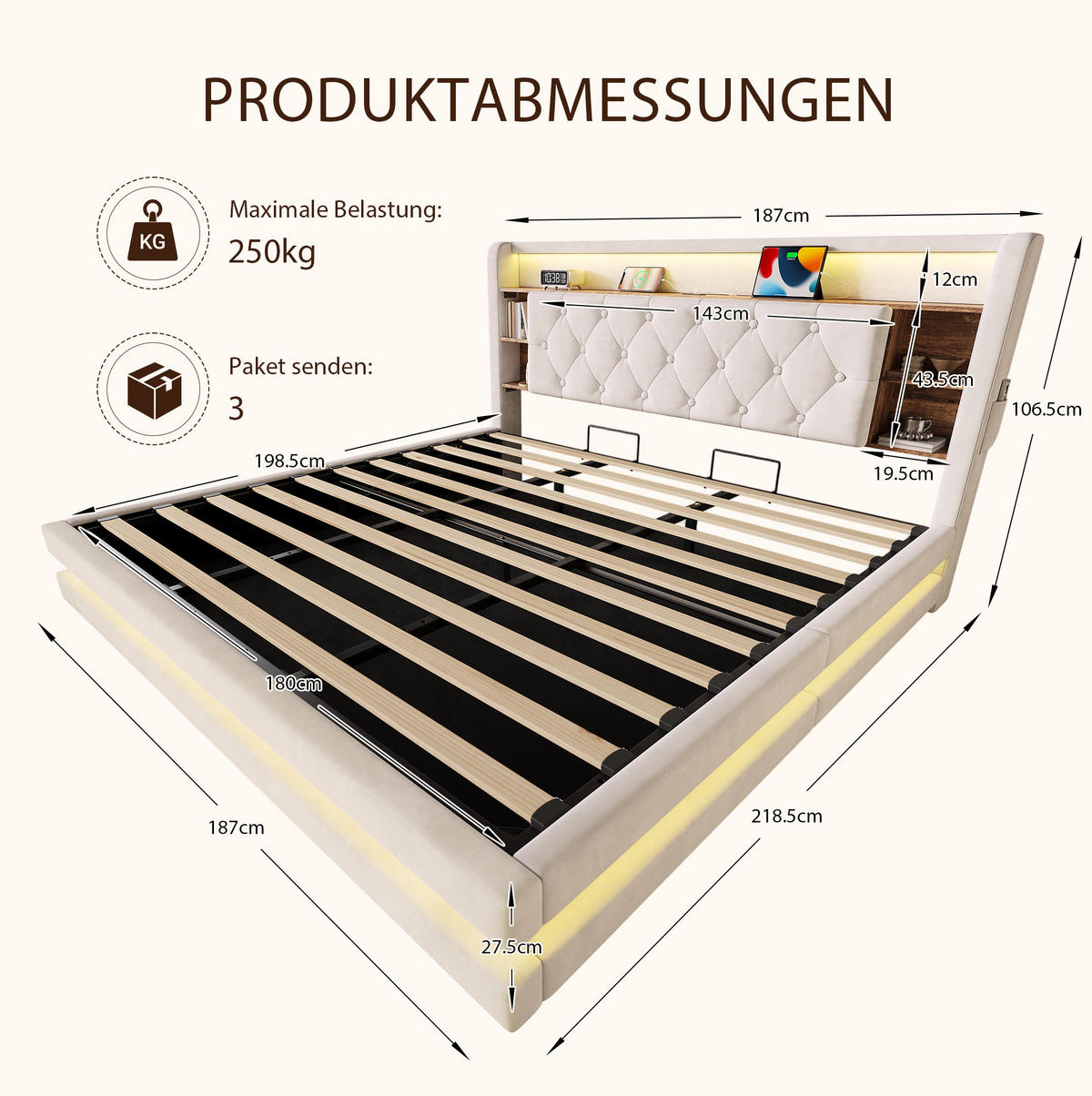 POLSTERBETT 180x200 cm in Beige mit LED-Beleuchtung, Bettkasten und USB-Anschlüssen - Beige, Textil (180/200cm) - IVMEU