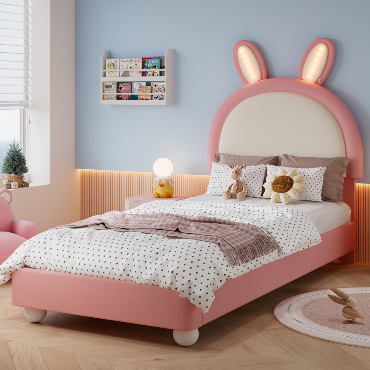 KINDERBETT 90/200 cm mit LED-Lichtleiste, Hasen-Kopfteil und weicher Antikollisionskante, Rosa/Weiß - Weiß, Kunststoff (90/200cm) - Redom