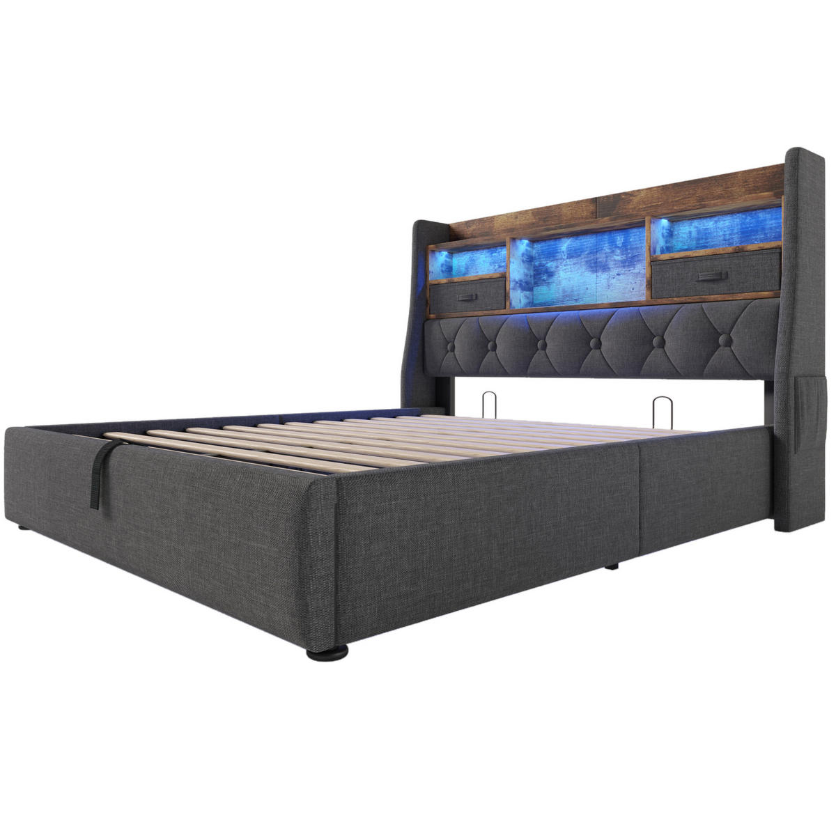 ČALÚNENÁ posteľ z ľanovej látky 160x200 cm sivá s LED osvetlením, USB/Type-C a hydraulickým úložným priestorom - sivá, textil (160/200cm) - Modfu