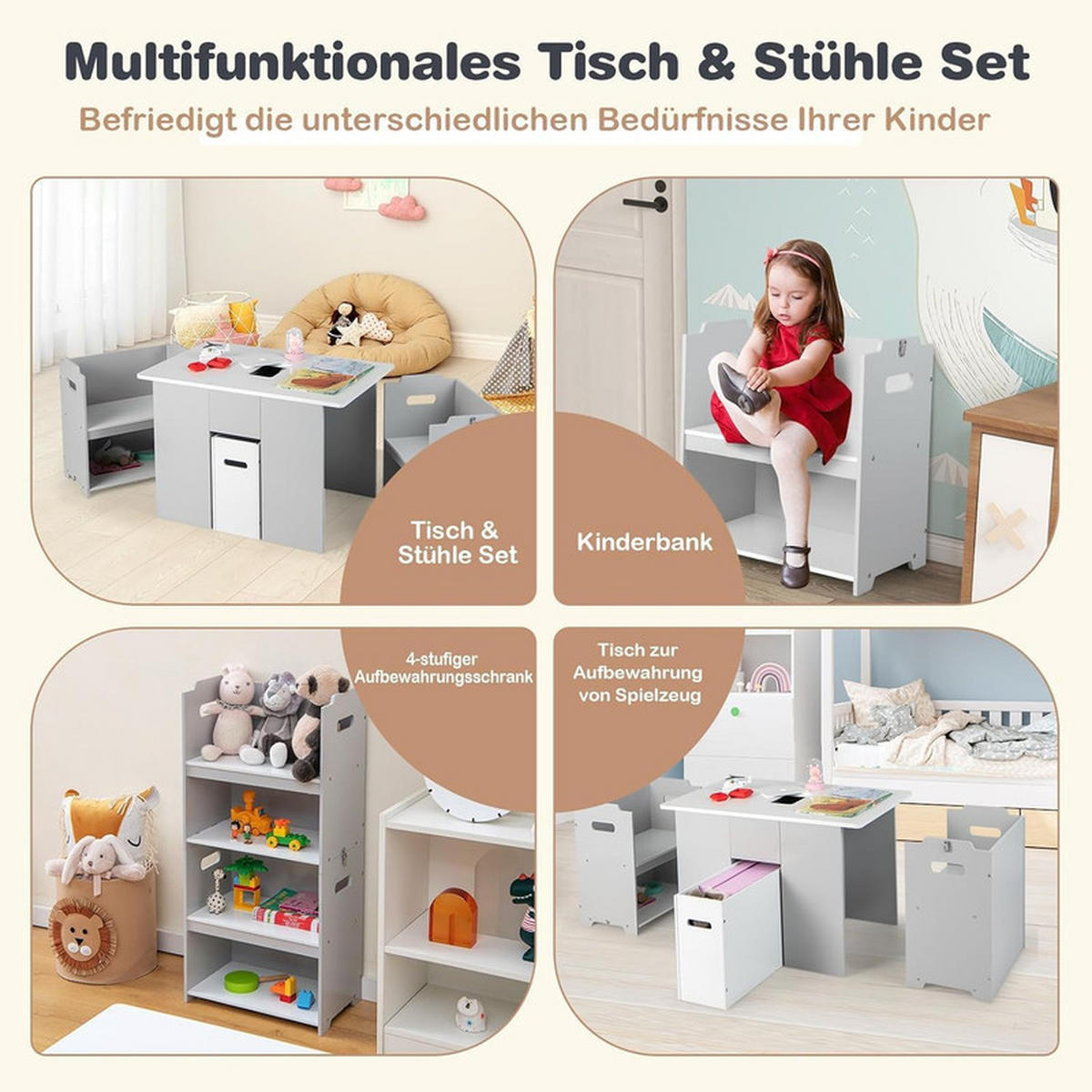 KINDERTISCH mit 2 Stühlen grau(3-tlg) - Grau, Holzwerkstoff (70/47/45cm) - COSTWAY