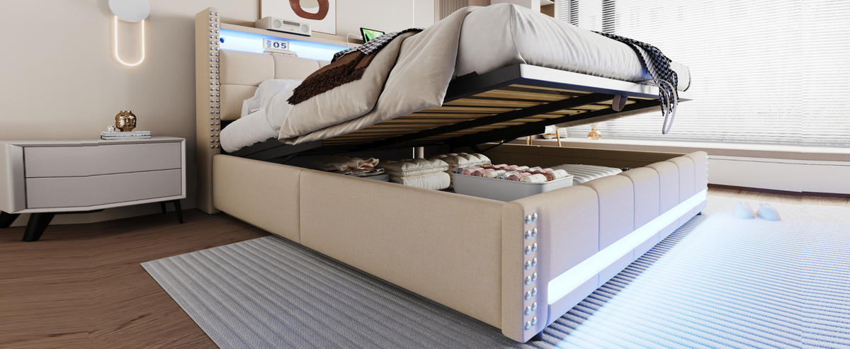 POLSTERBETT 180/200 cm Beige aus Leinenstoff mit LED-Beleuchtung und Stauraum - Beige, Textil (180/200cm) - OKMYHOME