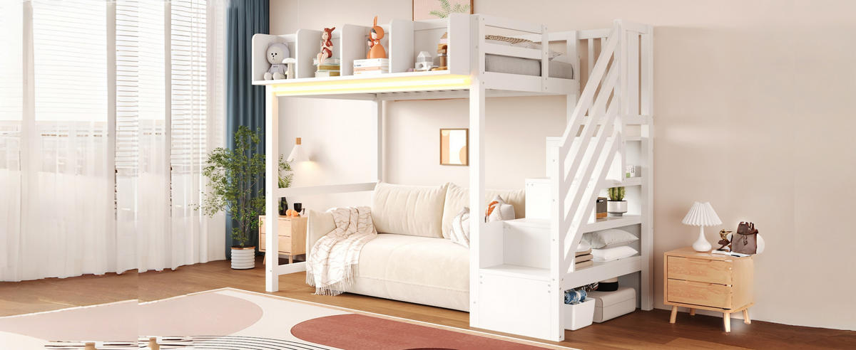 HOCHBETT 90/200 cm in Weiß mit LED, Ablage und Leiter aus Holz - Weiß, Holz/Holzwerkstoff (90/200cm) - CHICFURN
