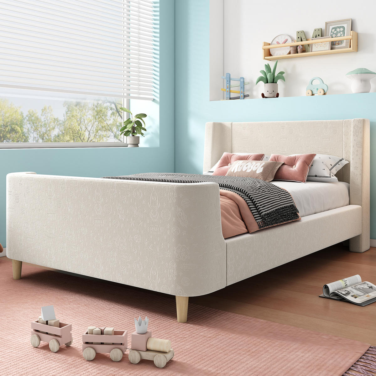 KINDERBETT 90/200 cm in Beige mit Samtbezug und Lattenrost - Beige, Textil (90/200cm) - BEAOK