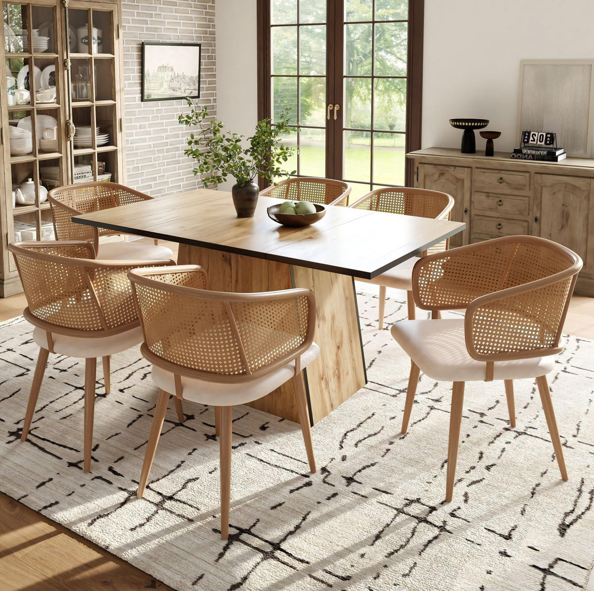 ESSZIMMERSTÜHLE 2er-Set Rattan-Rückenlehne PU-Leder Beige/Braun - Beige, Holz (51/79/47cm) - Meubliv