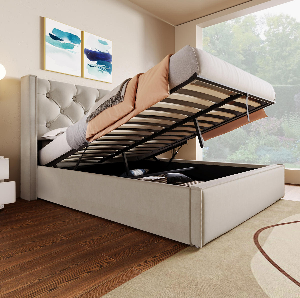 BETT mit Bettkasten 140x200 cm Baumwolle Light Grey - Hellgrau, Metall (140/200cm) - Meubliv