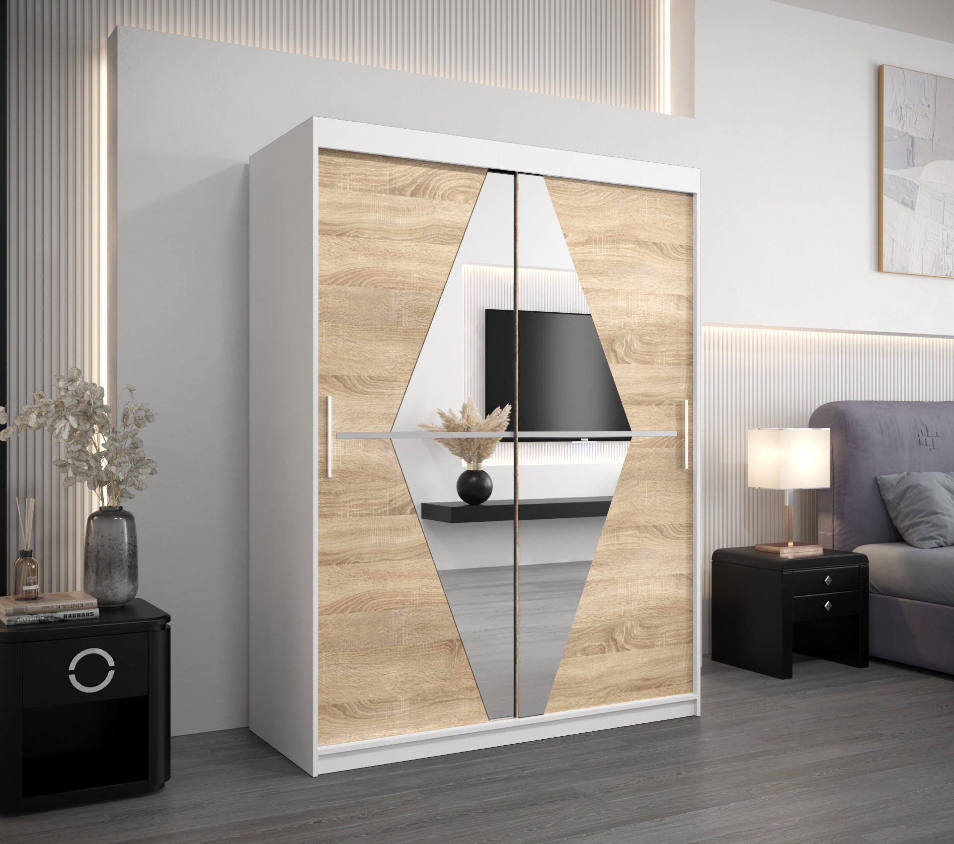 SCHWEBETÜRENSCHRANK 200/150/62 2-türig - Silberfarben/Weiß, Holz/Kunststoff (150/200/62cm) - Abiks Möbel