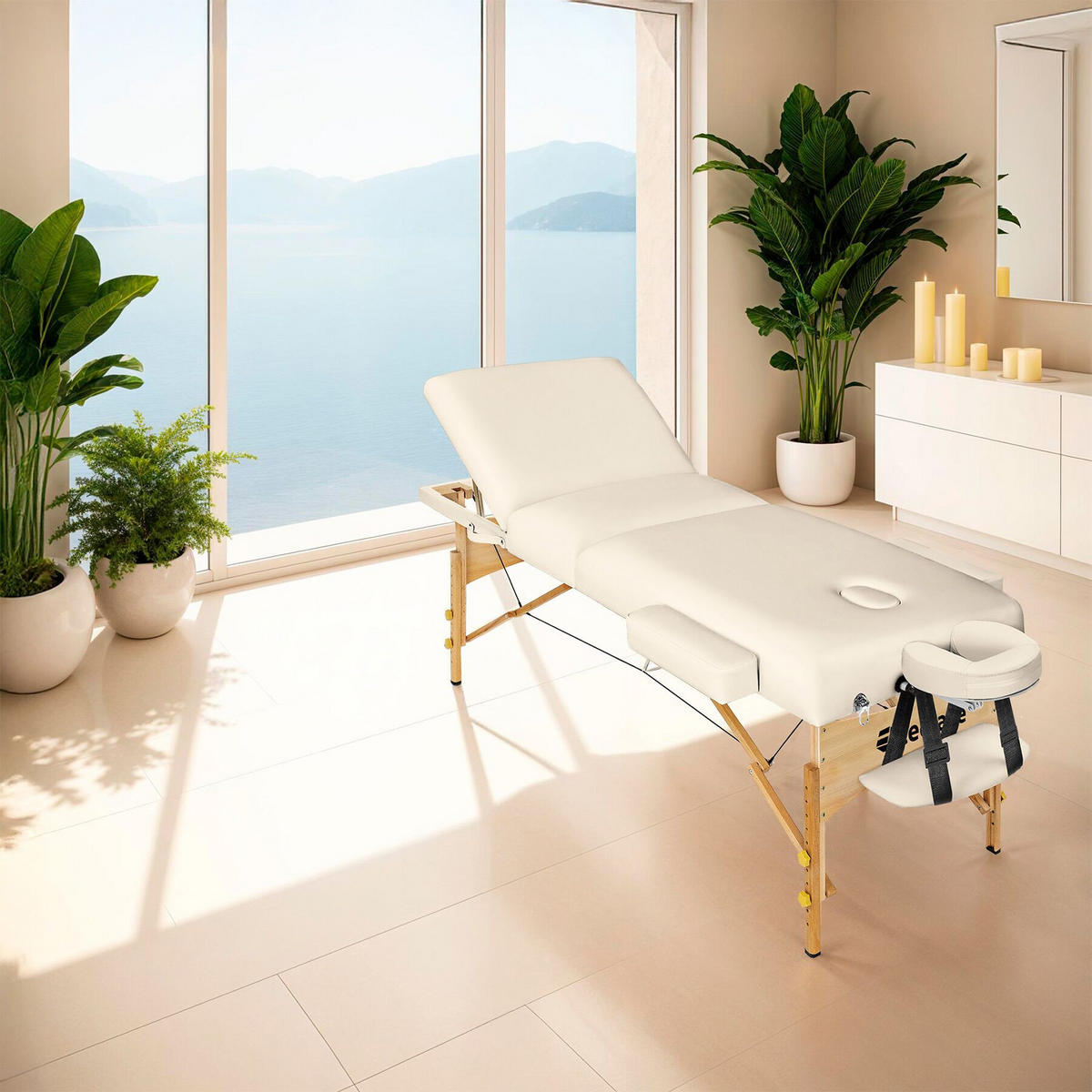 MASSAGELIEGE 3 Zonen Somwang,218 x 102 x 90 cm,beige - Beige, Holz (102/90/218cm) - tectake