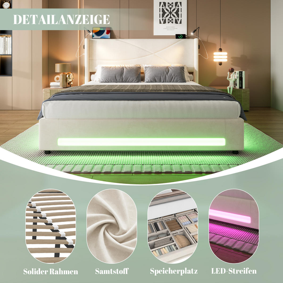 BETTGESTELL 140/200 cm Beige mit LED-Lichtleisten und hydraulischem Stauraum - Beige, Textil (140/200cm) - OKWISH