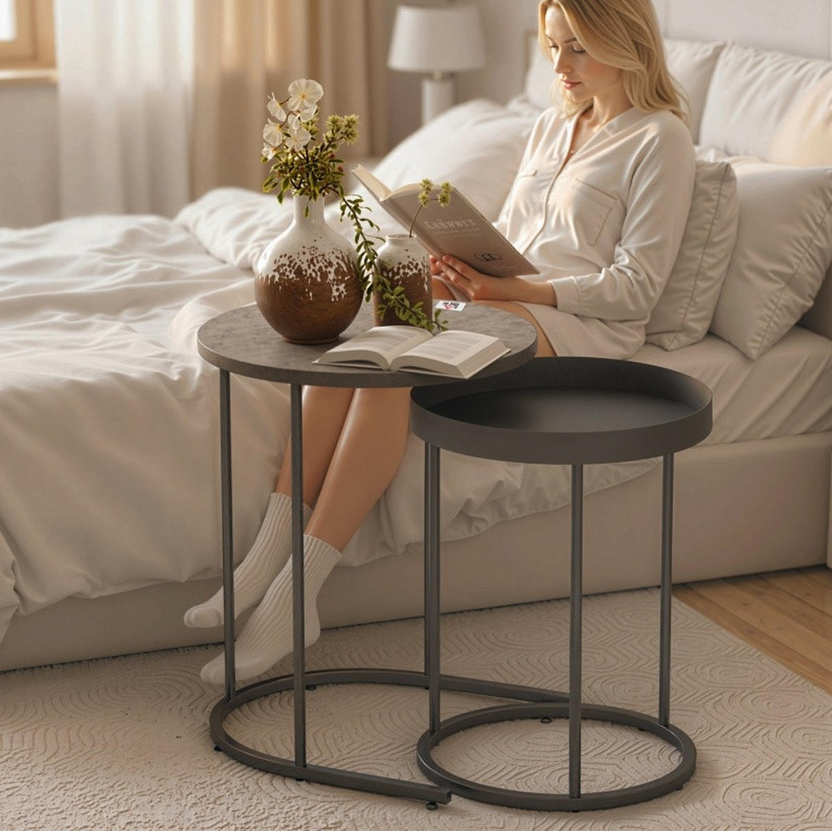 COUCHTISCH 42/42/54 cm und 36,5/36,5/48,5 cm, stapelbar mit Tablettdesign aus Metall, Grau - Grau, Metall (42/42/54cm) - Modfu