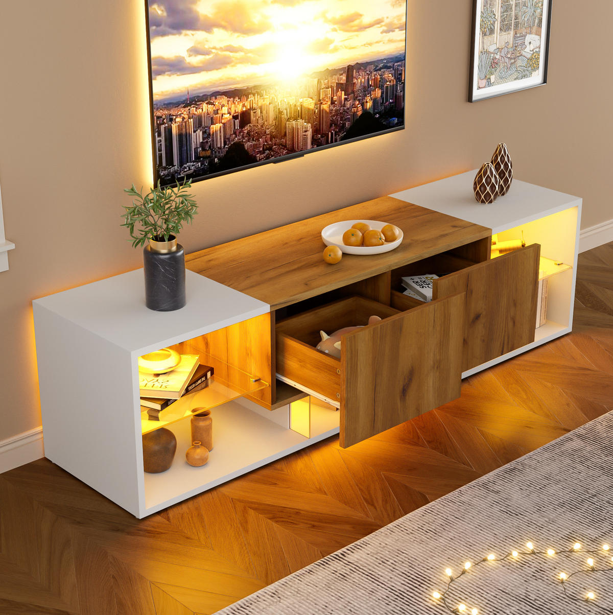 TV-LOWBOARD aus Spanplatte 160x40x42 cm Weiß/Eichefarben mit LED-Beleuchtung, Glasablage und 2 Schubladen - Hellbraun, Holzwerkstoff (160/42/40cm) - Modfu