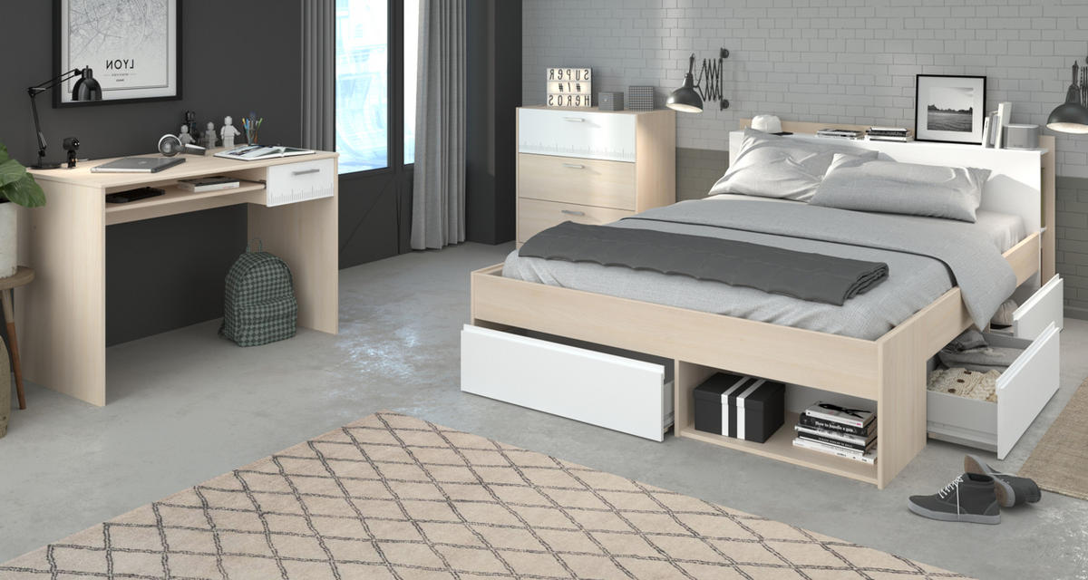 JUGENDZIMMER Set mit Stauraumbett 140 x 200 Schreibtisch Kommode - Silberfarben/Weiß, Holz/Holzwerkstoff (140/79/200cm) - Parisot Meuble