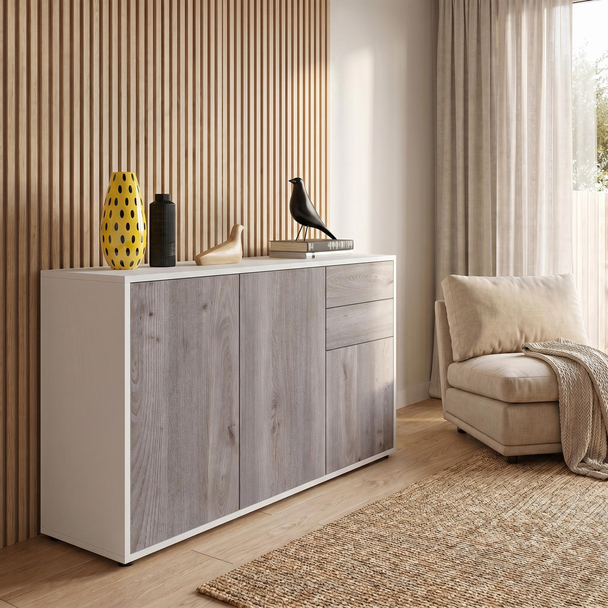 KOMMODE Ben Front in Eiche Nordic - Silbereichenfarben, Holzwerkstoff (117/74/36cm) - Vladon
