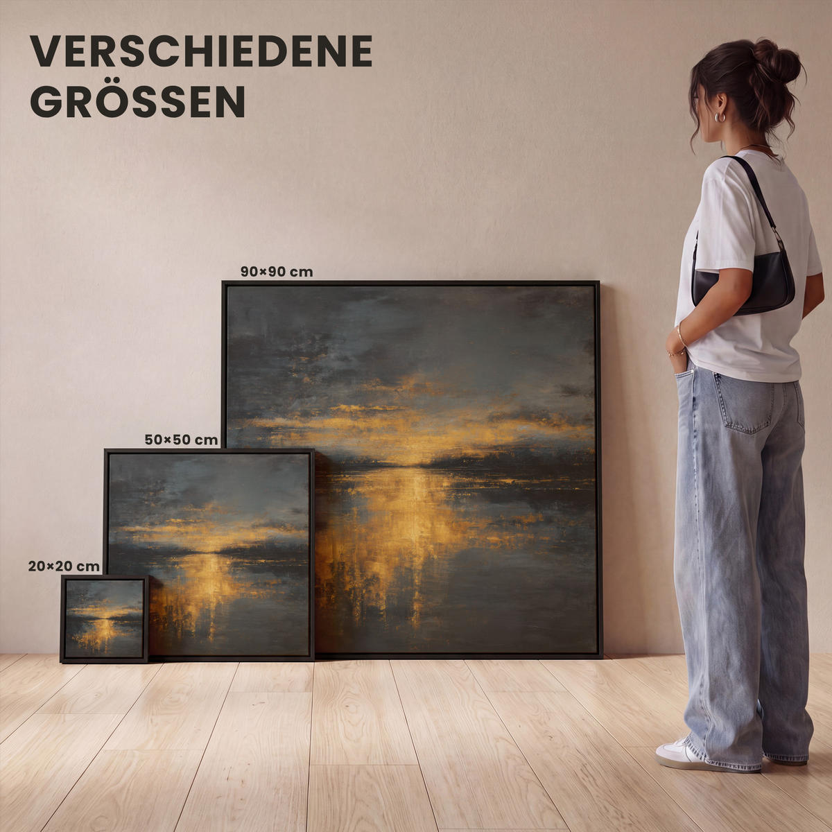 LEINWAND Bilder mit Rahmen - Goldene Reflexion auf dem Wasser - 50x50 - Anthrazit, Textil (50/50cm) - MuchoWow