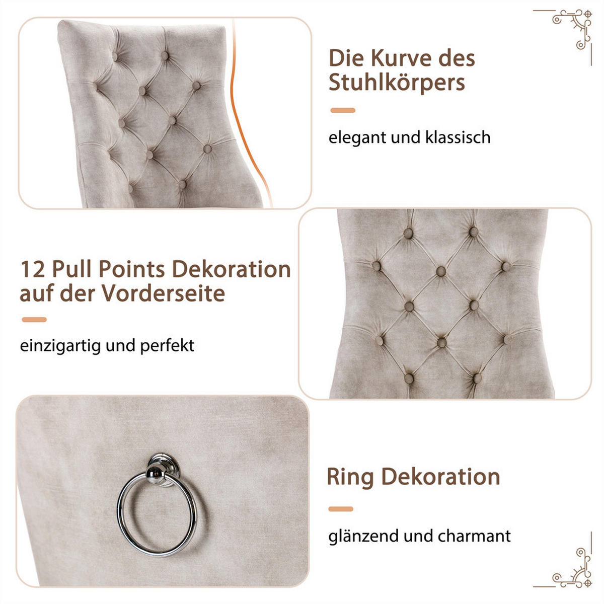 STUHL-SET 6 Stück in Hellbeige Samt - Beige, Holz/Fell (47/97/51cm) - KOMHTOM