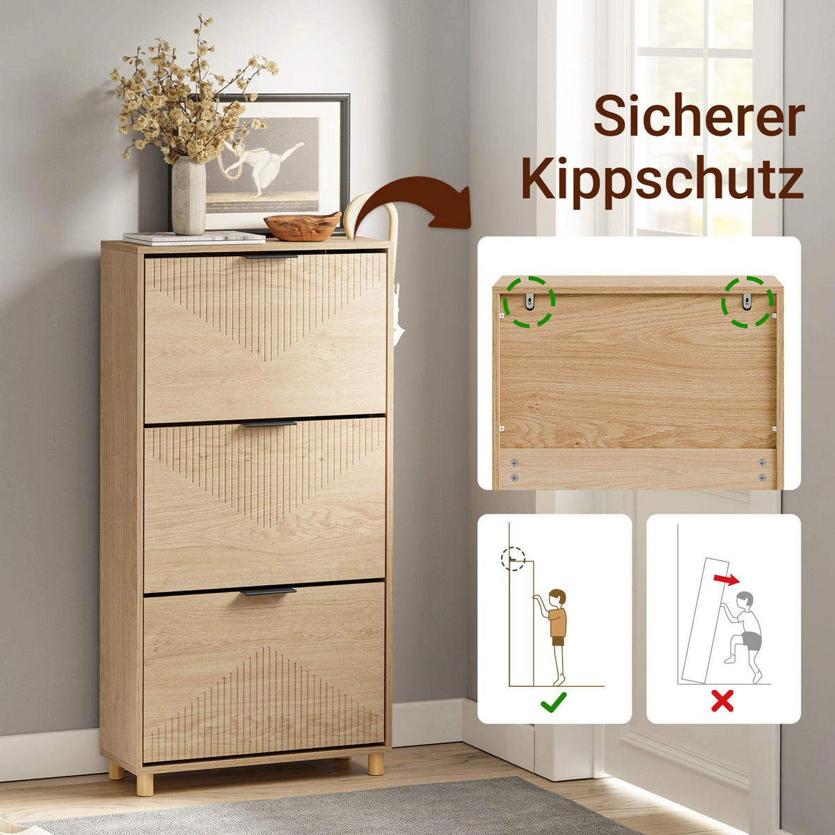 SCHUHSCHRANK mit 3 Klappen, Schuhkipper 60x24x120cm - Naturfarben, Holzwerkstoff (24/120/60cm) - SoBuy