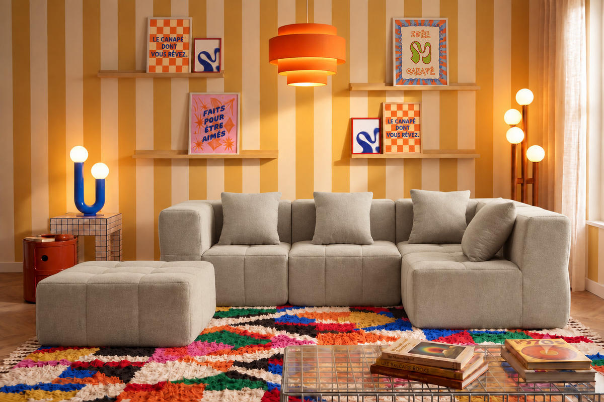ROHOVÁ sedačka bouclé tkanina kamenná béžová - sivobéžová, textil (260/190cm) - MILYsofa