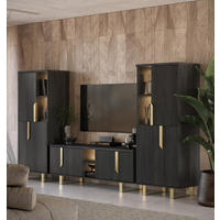 WOHNWAND ORION in Rosenholzoptik mit Marmoroptik 3-tlg. - Goldfarben/Schwarz, Holzwerkstoff/Metall (285/181/49cm) - Interdesign24