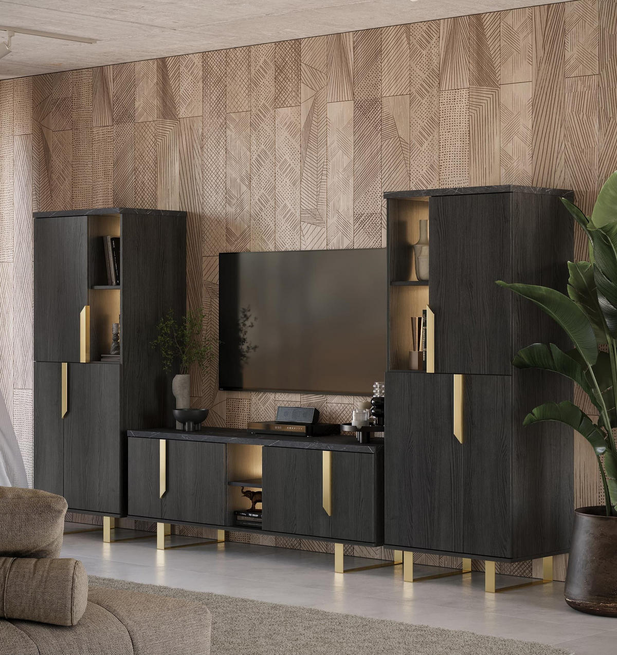 LOWBOARD ORION 165/205 cm in Rosenholzoptik mit Marmoroptik - Goldfarben/Schwarz, Holzwerkstoff/Metall (165/50/49cm) - Interdesign24
