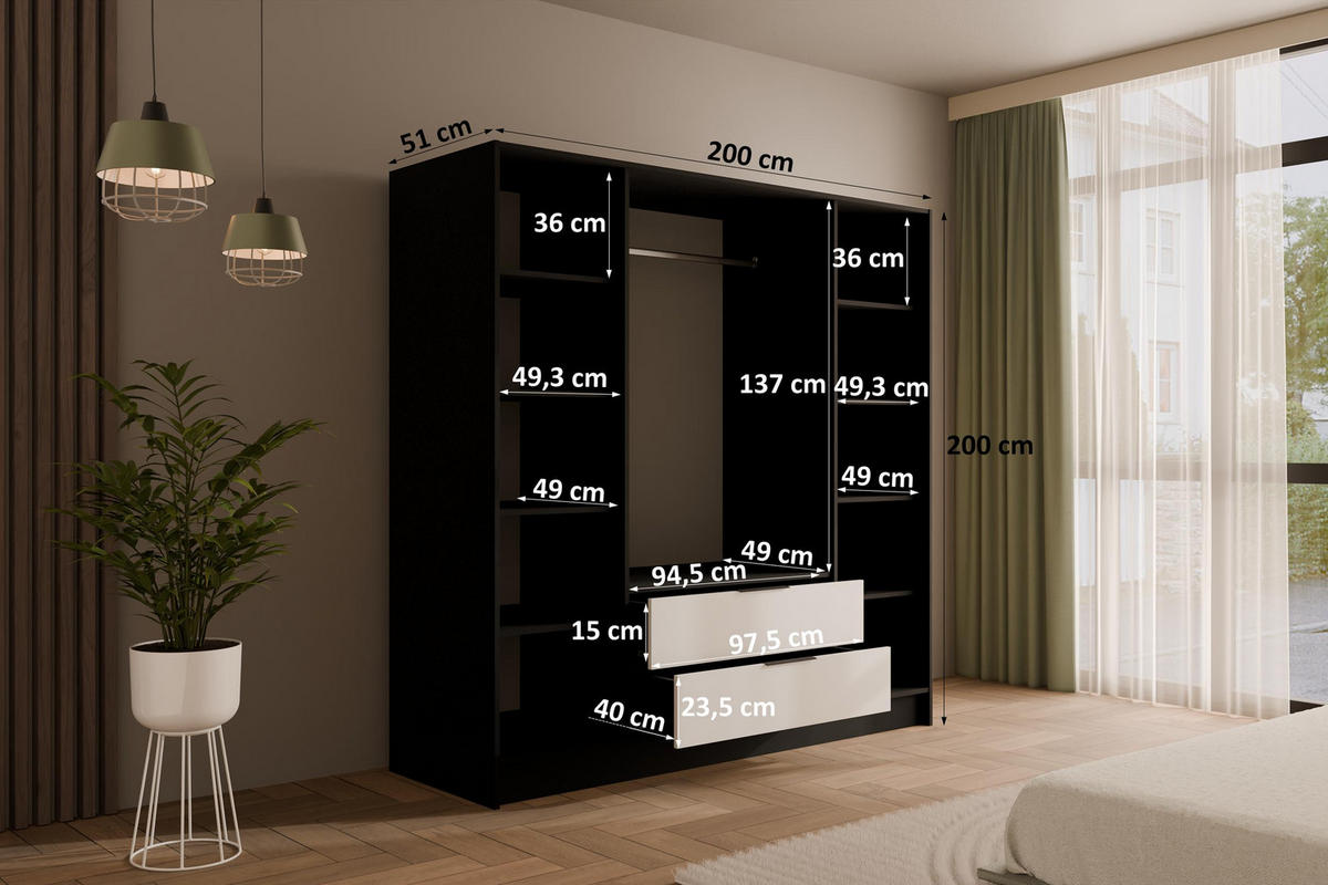 KLEIDERSCHRANK NELIA - 200 cm - Schwarz/Weiß, Holzwerkstoff (200/200/51cm) - ALTDECOR