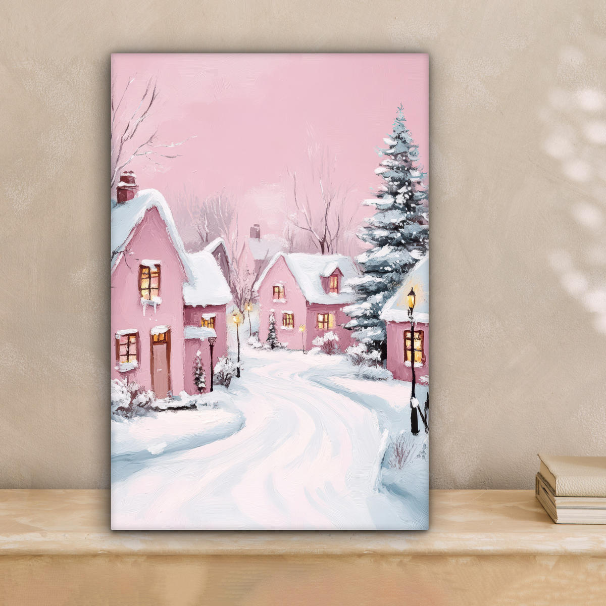 LEINWANDBILD Weihnachtsdorf - Rosa - Winter - Schnee - Häuser Deko Wohnzimmer 20x30 cm - Altrosa, Textil (20/30cm) - MuchoWow