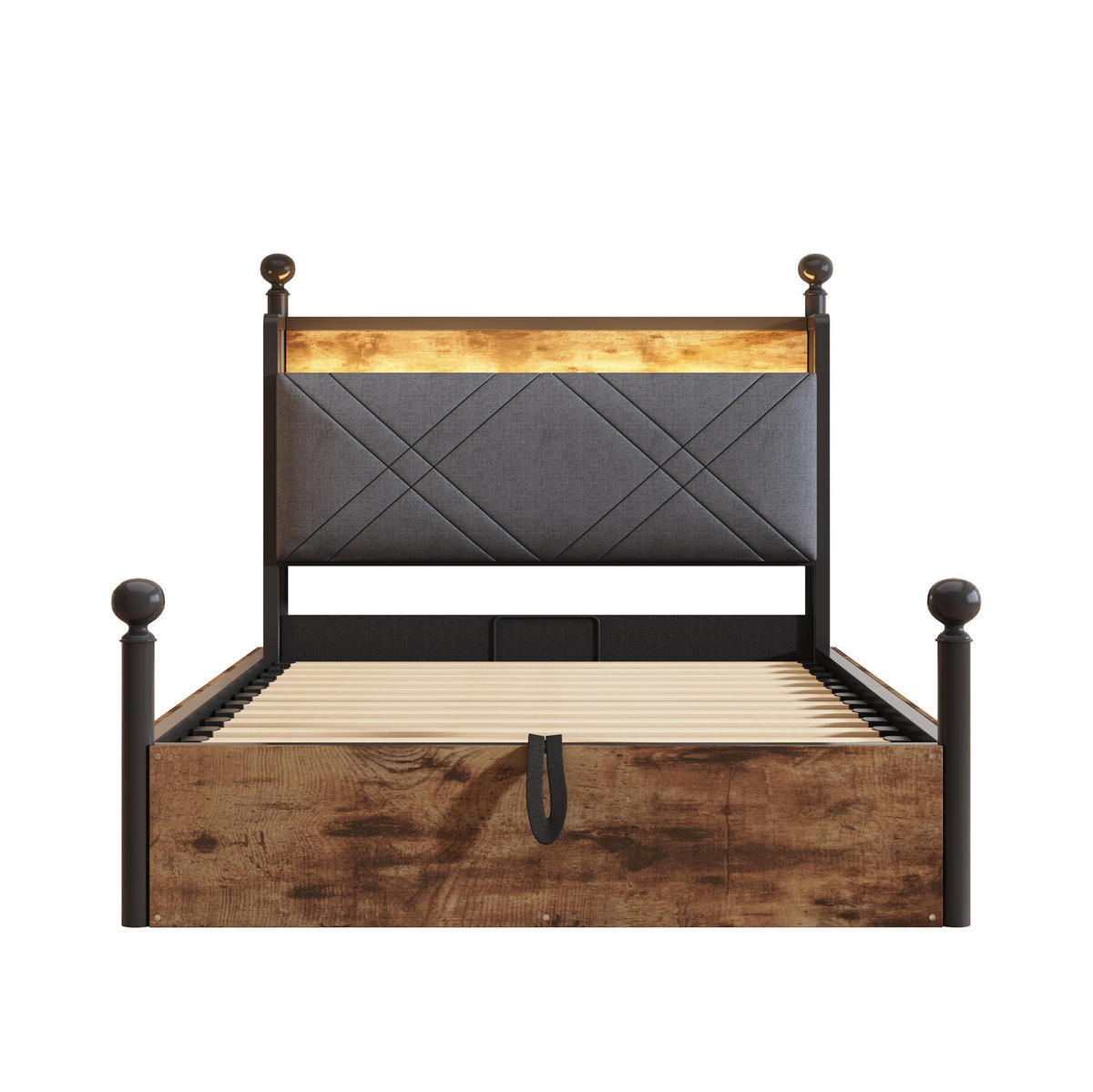 METALLBETT 90/190 cm Schwarz mit Stauraum, LED-Beleuchtung und USB-/Type-C - Schwarz, Metall (90/190cm) - Flora Grace