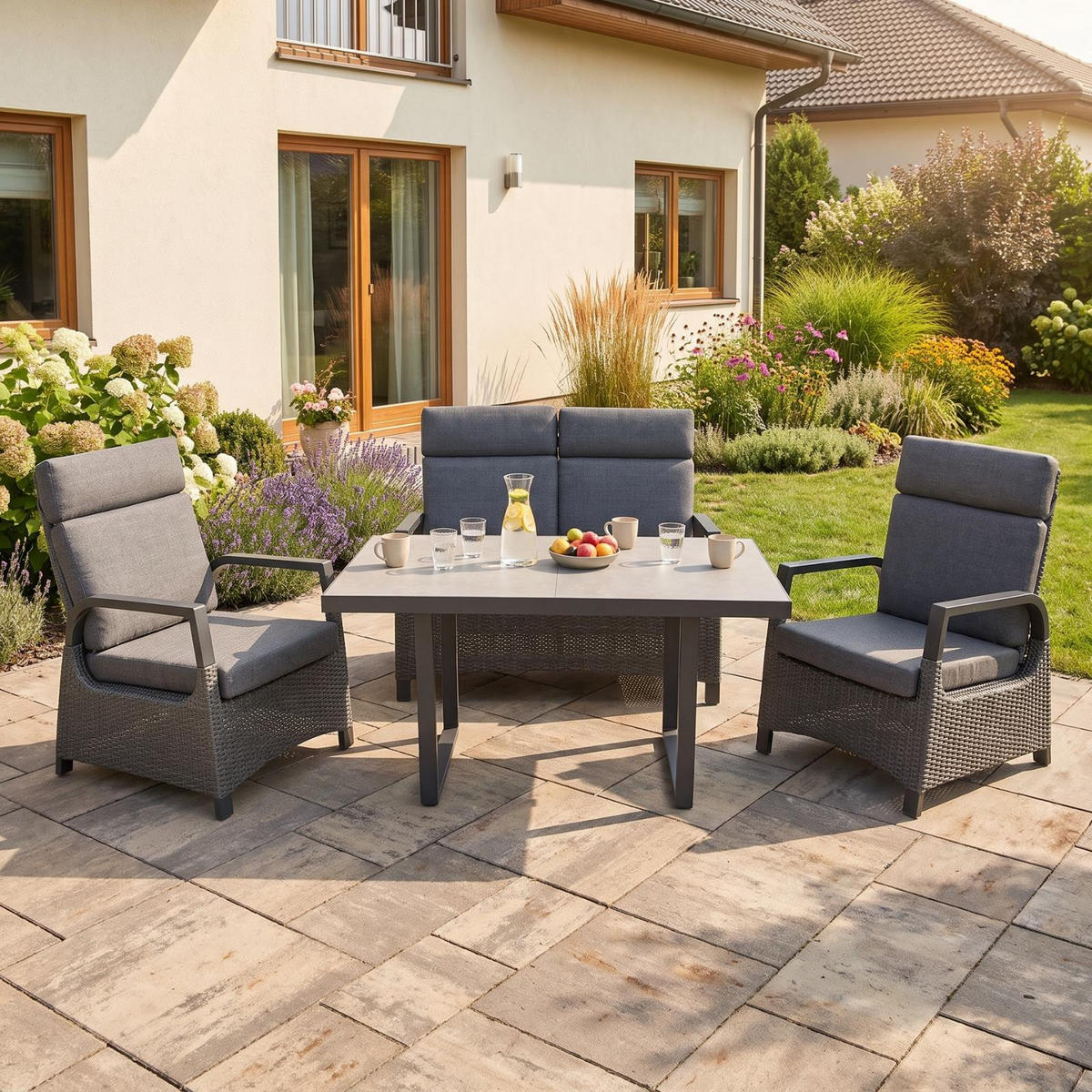 LOUNGE-SET Orlando Grau, Aluminium/Polyrattan, für 4 Personen, Tisch 130/80/68 cm - Grau, Naturmaterialien - bellavista - Home & Garden