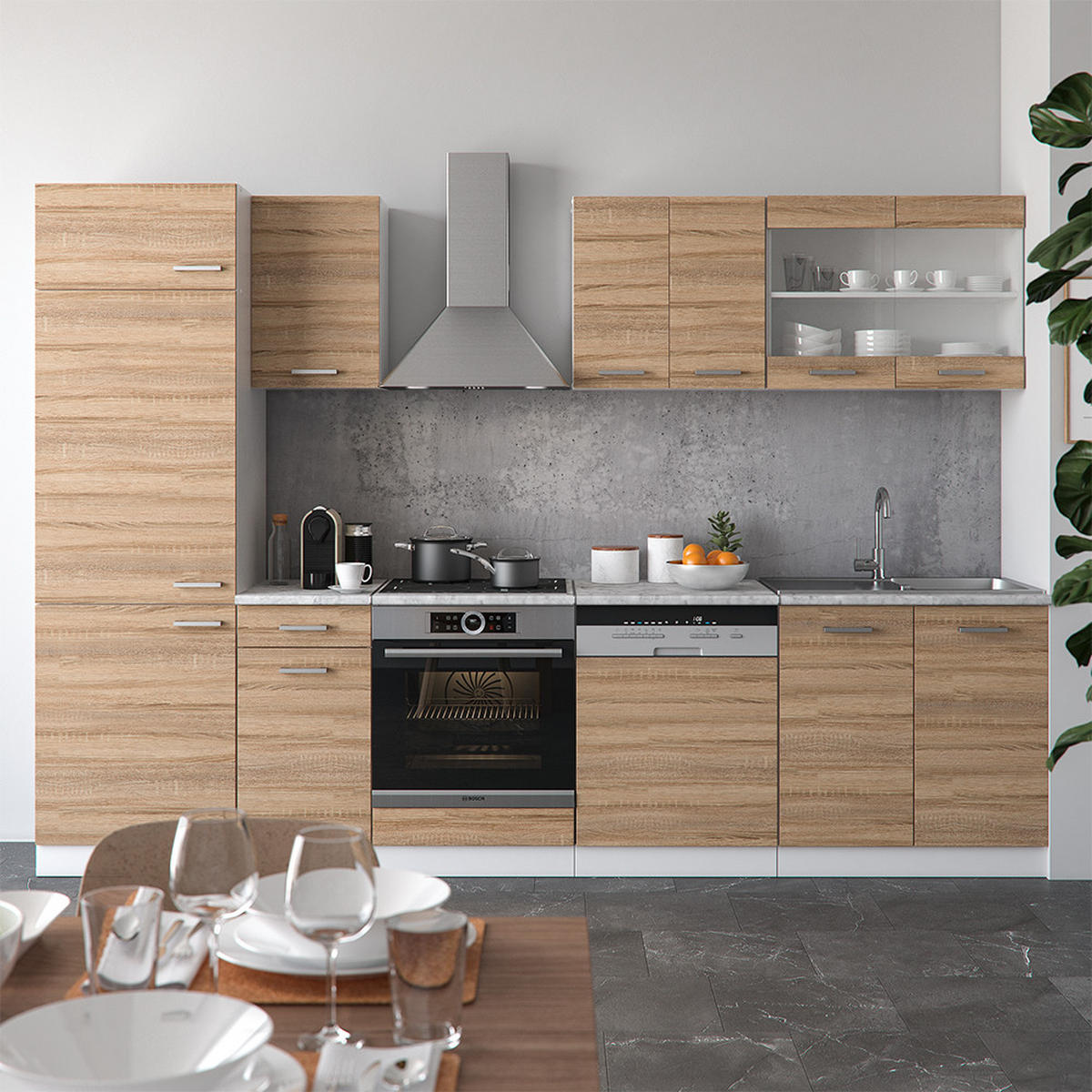 KÜCHENZEILE R-Line Sonoma/Weiß 300 cm, AP Eiche - Weiß/Sonoma Eiche, Holzwerkstoff (300/81.6/60cm) - Vicco