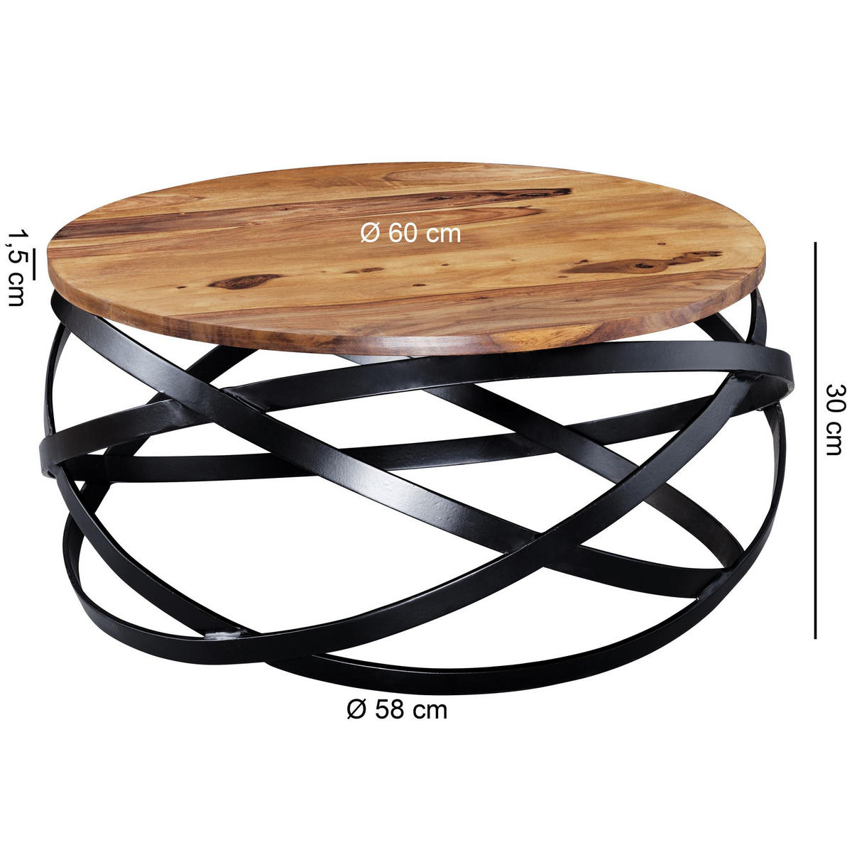 COUCHTISCH rund DANU Sofatisch Sheesham - Braun, Holz (60/60/30cm) - tinkaro