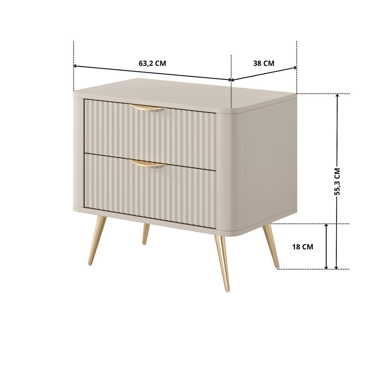 NACHTKONSOLE Flore Beige / Gold - 48 cm - mit 2 geriffelten Schubladen - Beige/Gelb, Holz/Holzwerkstoff (63/55/38cm) - Ravio