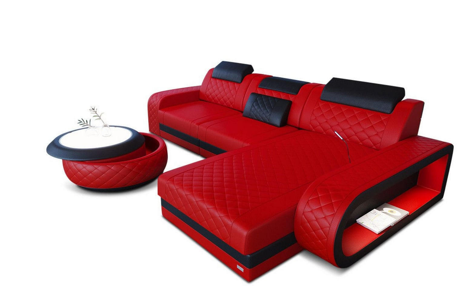 ECKSOFA Sofa Berlin Rot Schwarz Echtleder - Rot, Leder (308/198cm)