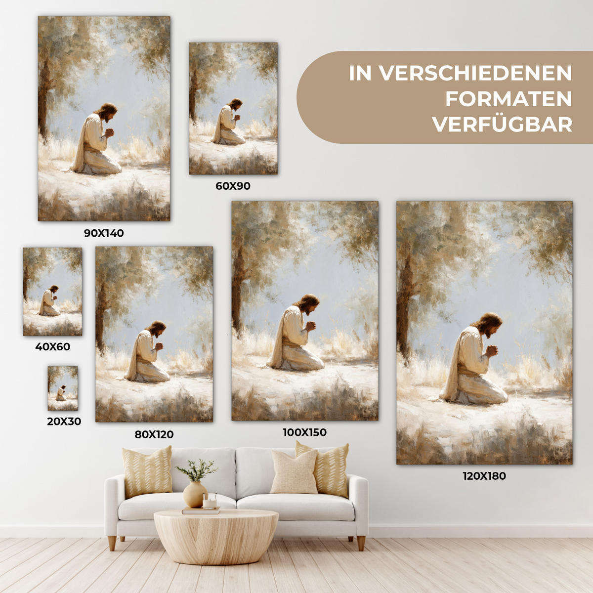 LEINWANDBILD Jesus - Kniend - Waldlandschaft - Betend Deko Groß 90x140 cm - Beige/Hellblau, Textil (90/140cm) - MuchoWow
