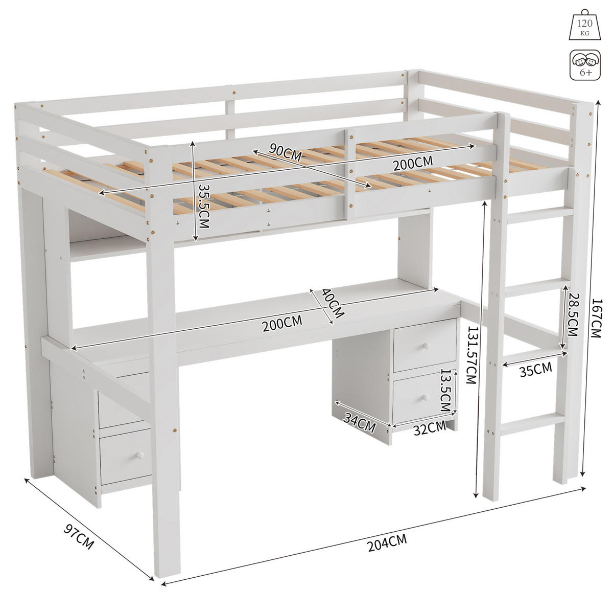 HOCHBETT 90/200 cm Weiß mit Tisch und großem Stauraum mit Matratze - Weiß, Holzwerkstoff (90/200cm) - OKWISH