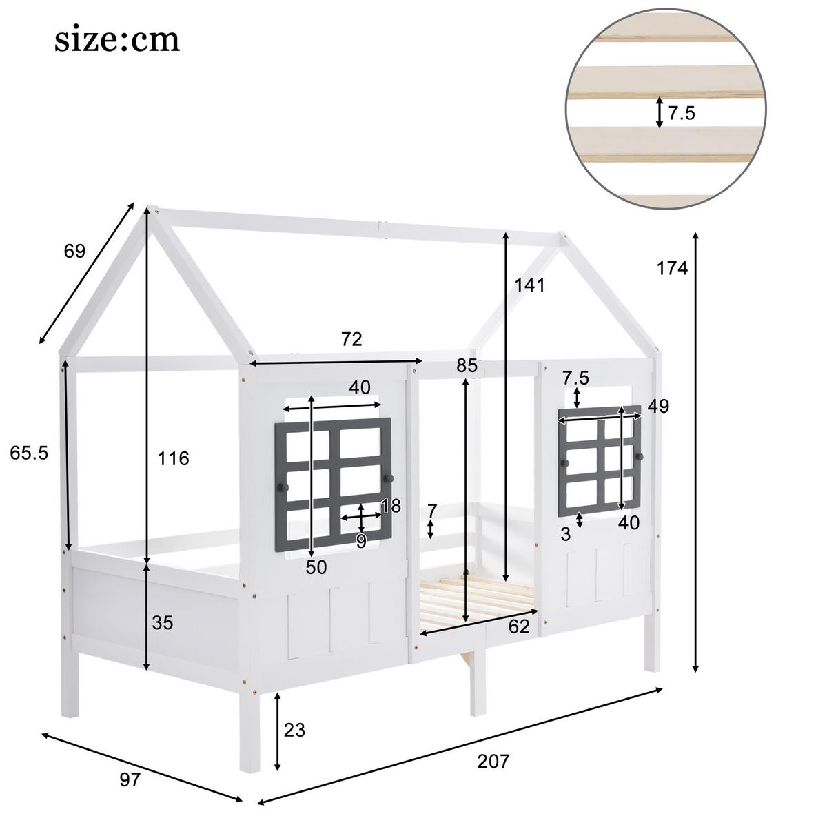 HAUSBETT 90/200 cm Weiß mit Fenstern und 2 Schubladen aus Kiefer und MDF - Weiß, Holz (90/200cm) - OKWISH