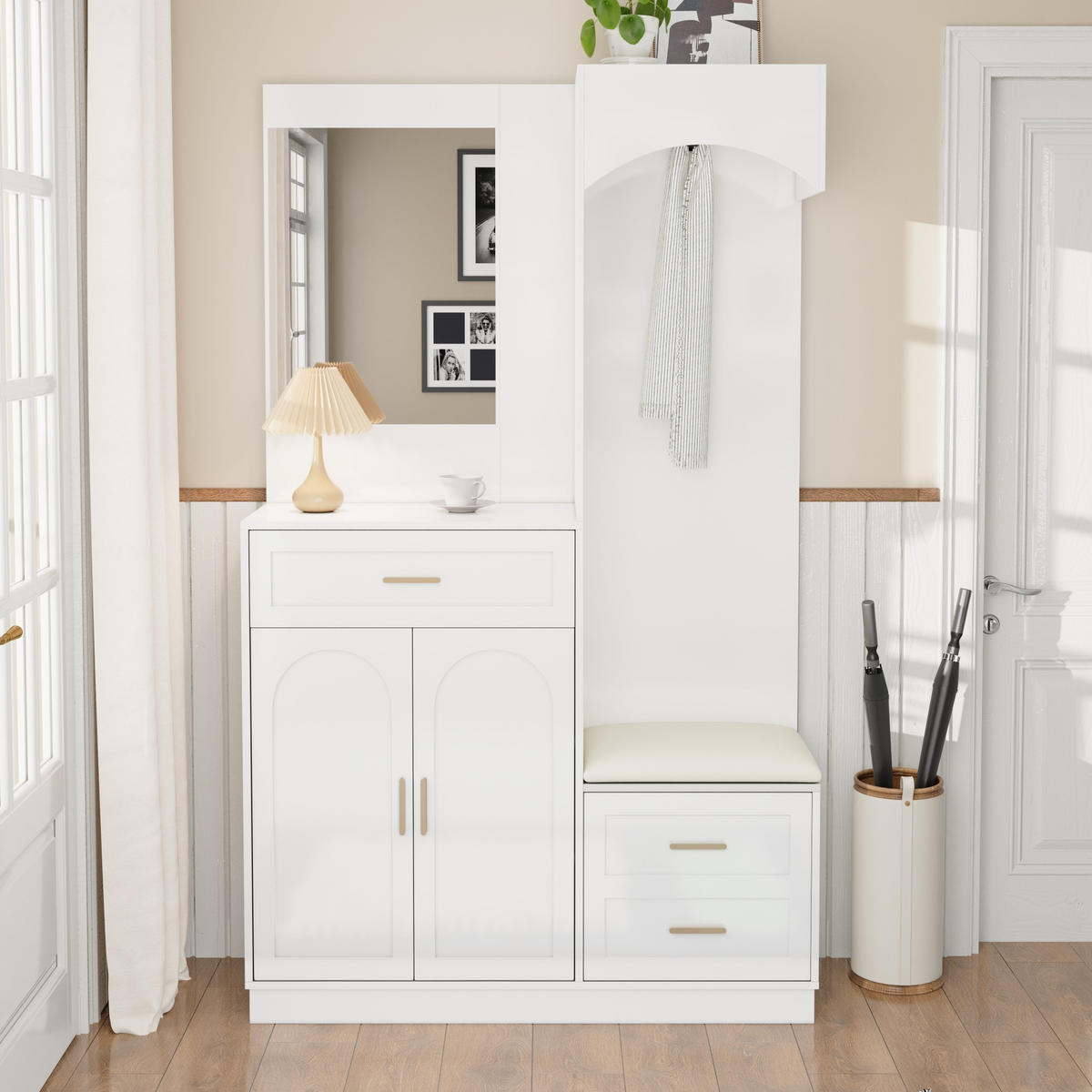 GARDEROBE-SET in Weiß Garderobenschrank mit Spiegel und Schuhbank für Eingangsbereich und Flur, B110/T33/H185.5 cm - Weiß, Glas/Holzwerkstoff (111/185.5/33cm) - STILVORA