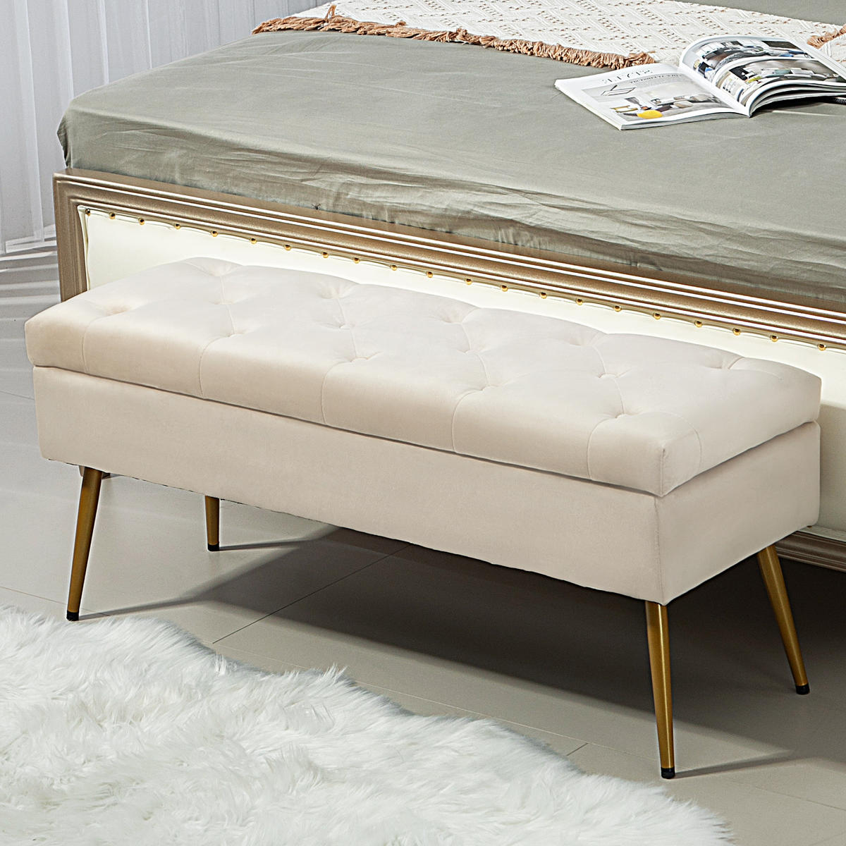 SITZBANK Polsterbank mit Stauraum Bettbank mit Samtoptik für Flur Metall Beige - Beige, Kunststoff (35/43/102cm) - HOMCOM