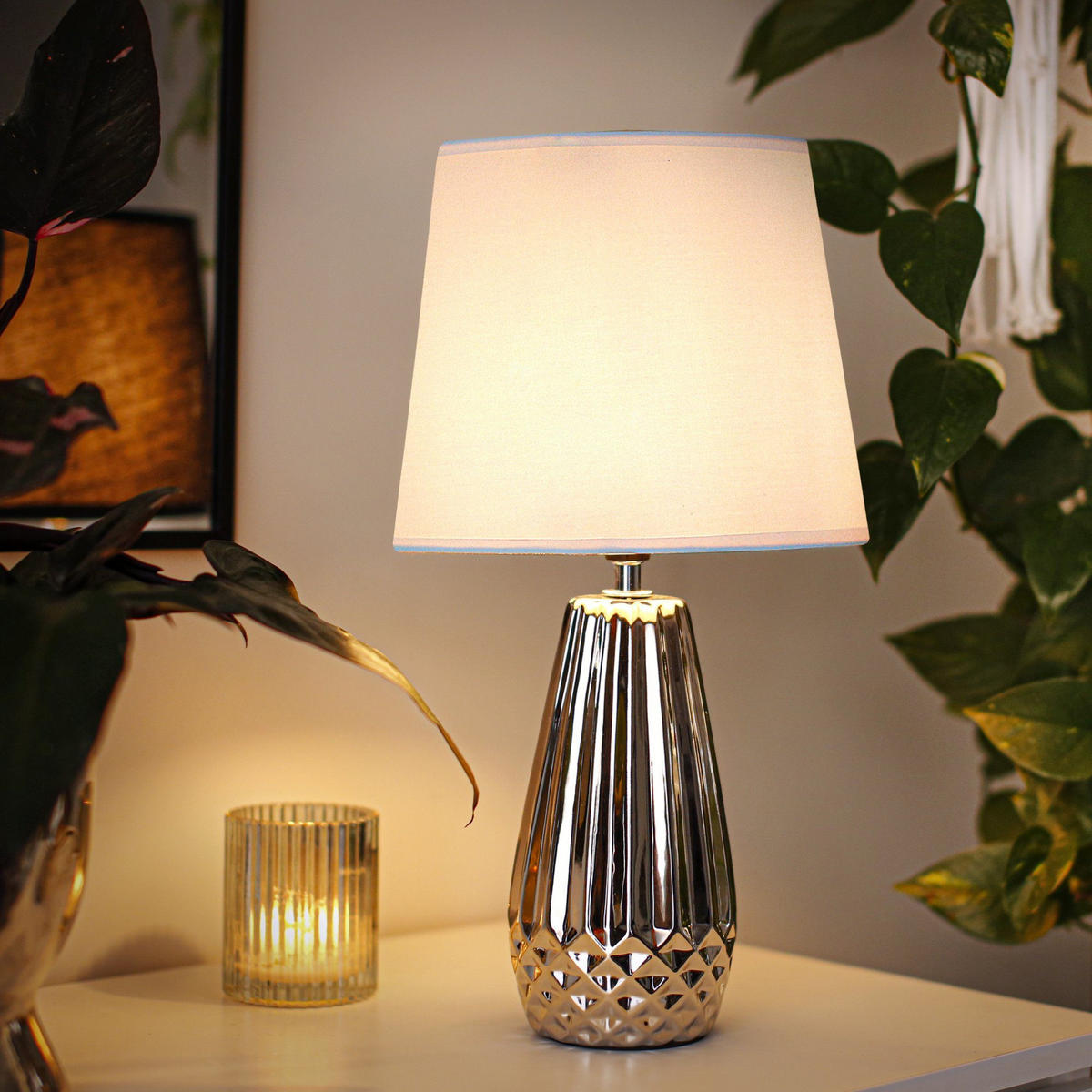 TISCHLAMPE ERANA, Silber/Weiß - Silberfarben/Weiß, Keramik/Textil (22/22/40cm) - KONSIMO®