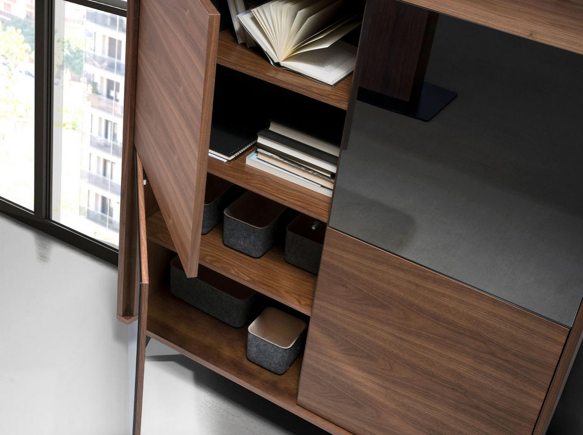 HIGHBOARD Sideboard aus schwarzem Glas mit Spiegeleffekt, Walnuss und schwarzem Stahl 110/45/124 cm - Walnussfarben/Schwarz, Holz (110/124/45cm) - ANGEL CERDA