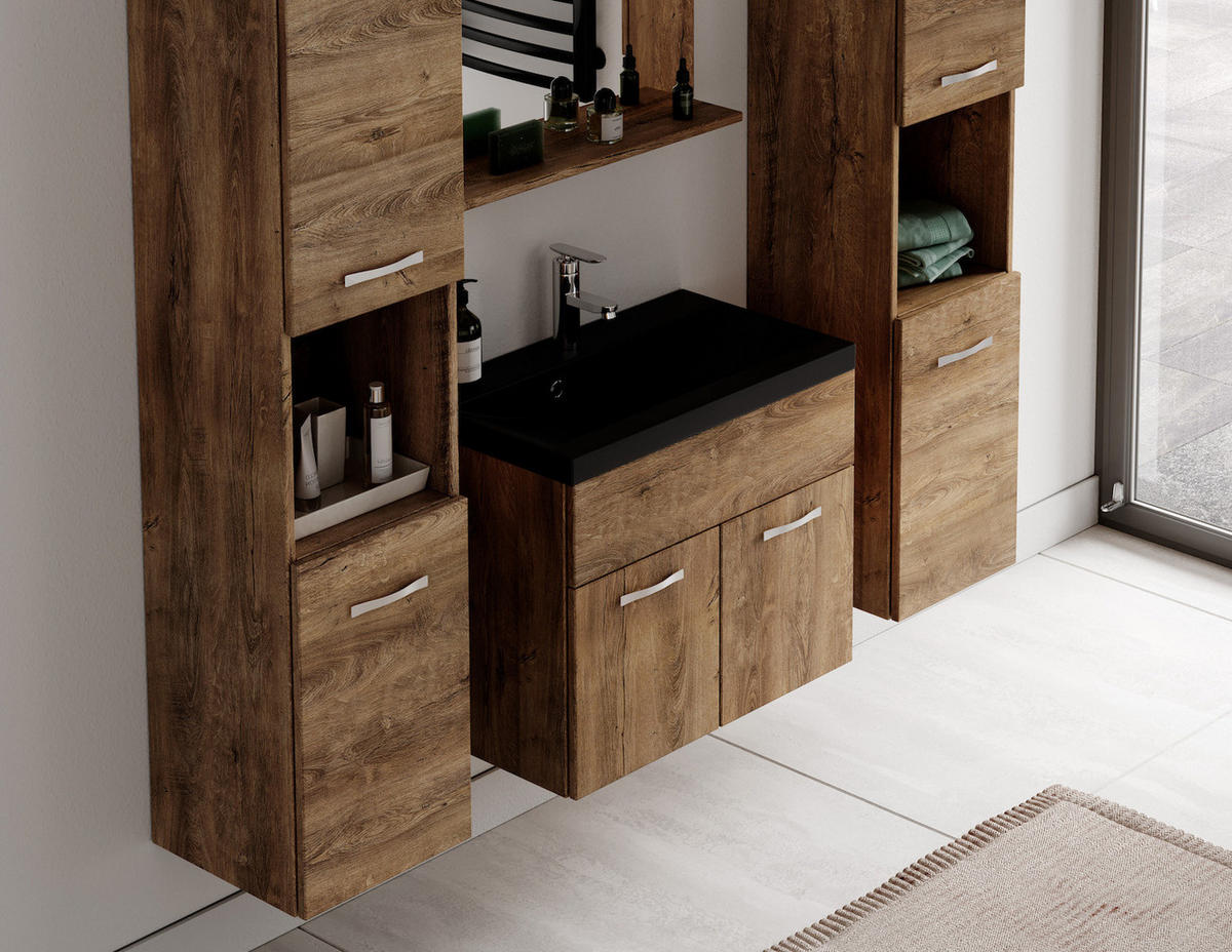 BADMÖBEL-SET Montreal 5 Teile Braun Eiche - Schwarze Waschbecken - 60 x 35 x 51 cm - Eichefarben/Schwarz, Holz (60/51/35cm) - Badplaats