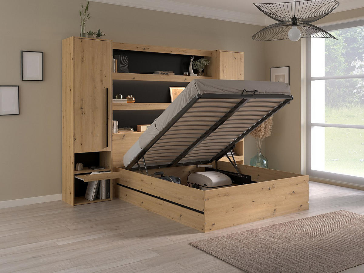 BETT mit Bettkasten - 2 Personen - Holz, Platte - Schwarz, Naturfarben Hell - Schwarz/Naturfarben, Holz (140/190cm) - Vente-Unique