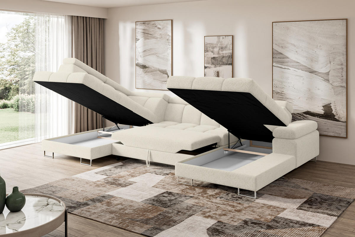 WOHNLANDSCHAFT mit Schlaffunktion und Bettkasten Ottomane Links COMA U 345x203x79 Creme Velours - Creme, Holzwerkstoff/Textil (345/79/203cm) - ALTDECOR