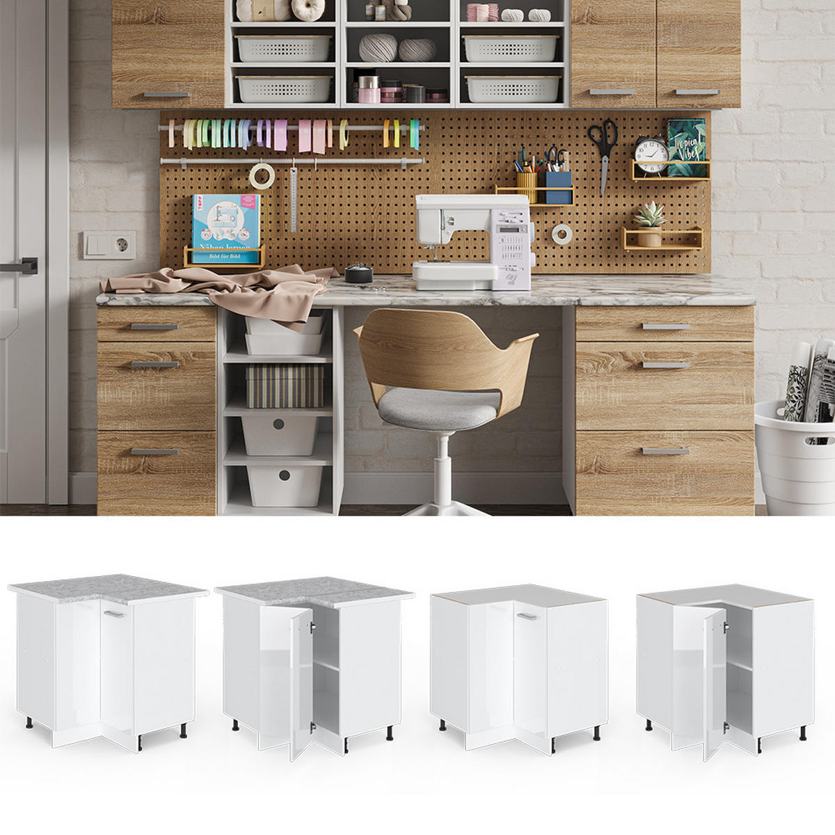 ECKSCHRANK FÜR HAUSRAT R-Line Weiß Hochglanz 75.6 cm mit Tür, ohne Arbeitsplatte - Weiß Hochglanz/Weiß, Holzwerkstoff (75.6/81.6/46cm) - Vicco