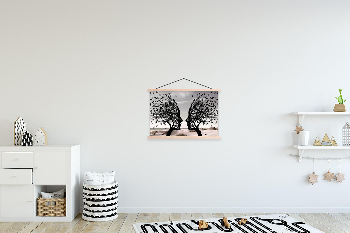 POSTER Strand - Meer - Menschen - Baum - Moderne Kunst 60x40 cm - Hellgrau, Textil (60/40/0.15cm) - MuchoWow