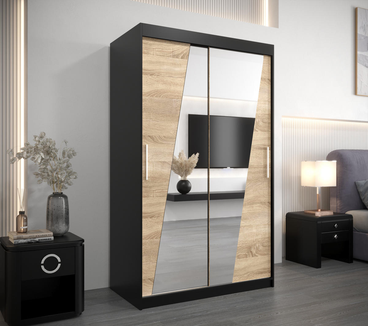 SCHWEBETÜRENSCHRANK 200/120/62 2-türig - Silberfarben/Schwarz, Holz/Kunststoff (120/200/62cm) - Abiks Möbel