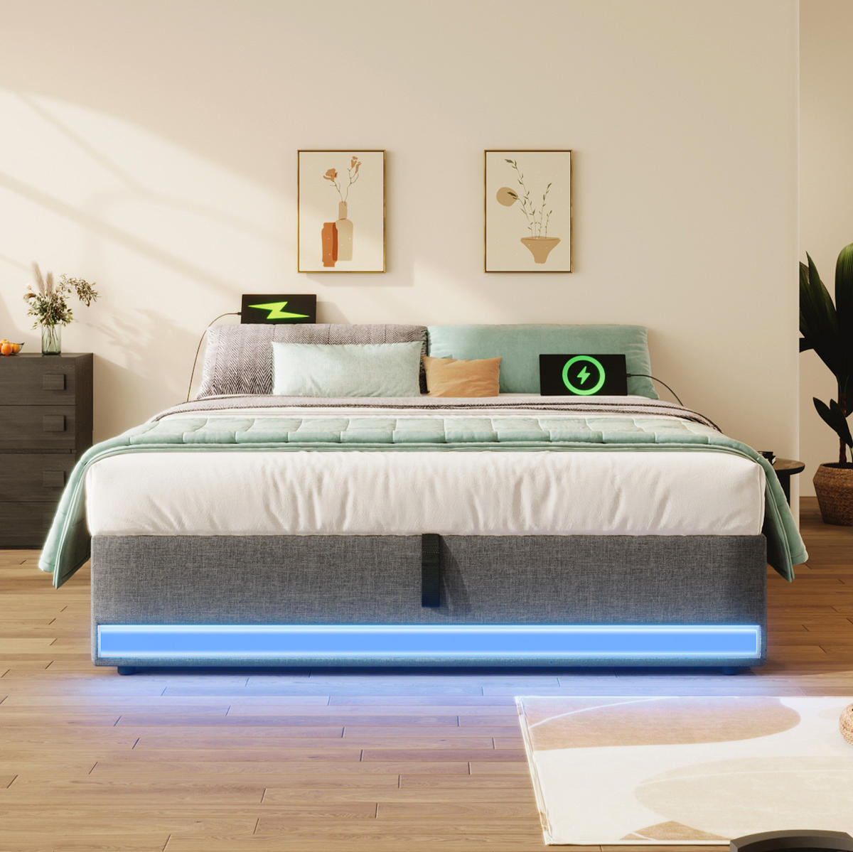 POLSTERBETT 140/200 cm Grau mit LED-Beleuchtung und USB-Anschlüssen - Grau, Textil (140/200cm) - OKWISH