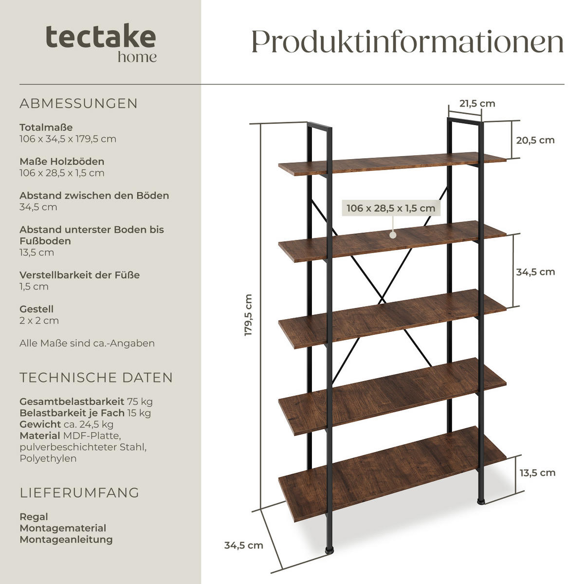 REGAL Glasgow,inklusive Kippschutz, 106 x 34,5 x 179,5 cm,Industrial Holz dunkel, rustikal - Rostfarben, Holz (34.5/179.5/106cm) - tectake