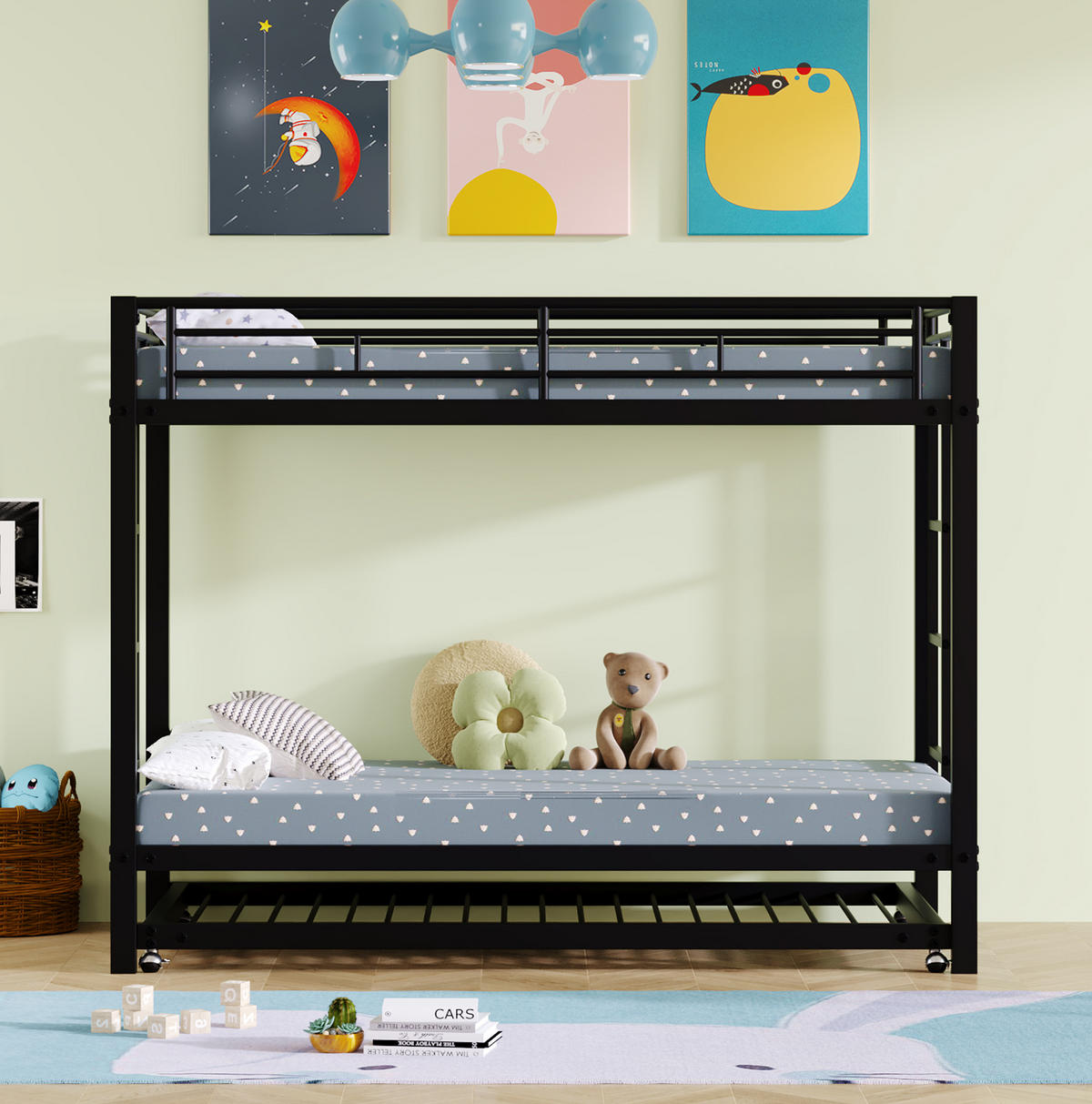 ETAGENBETT 90/200 cm aus Metall mit Ausziehbett und hohem Sicherheitsgeländer - Schwarz, Metall (90/200cm) - Flora Grace