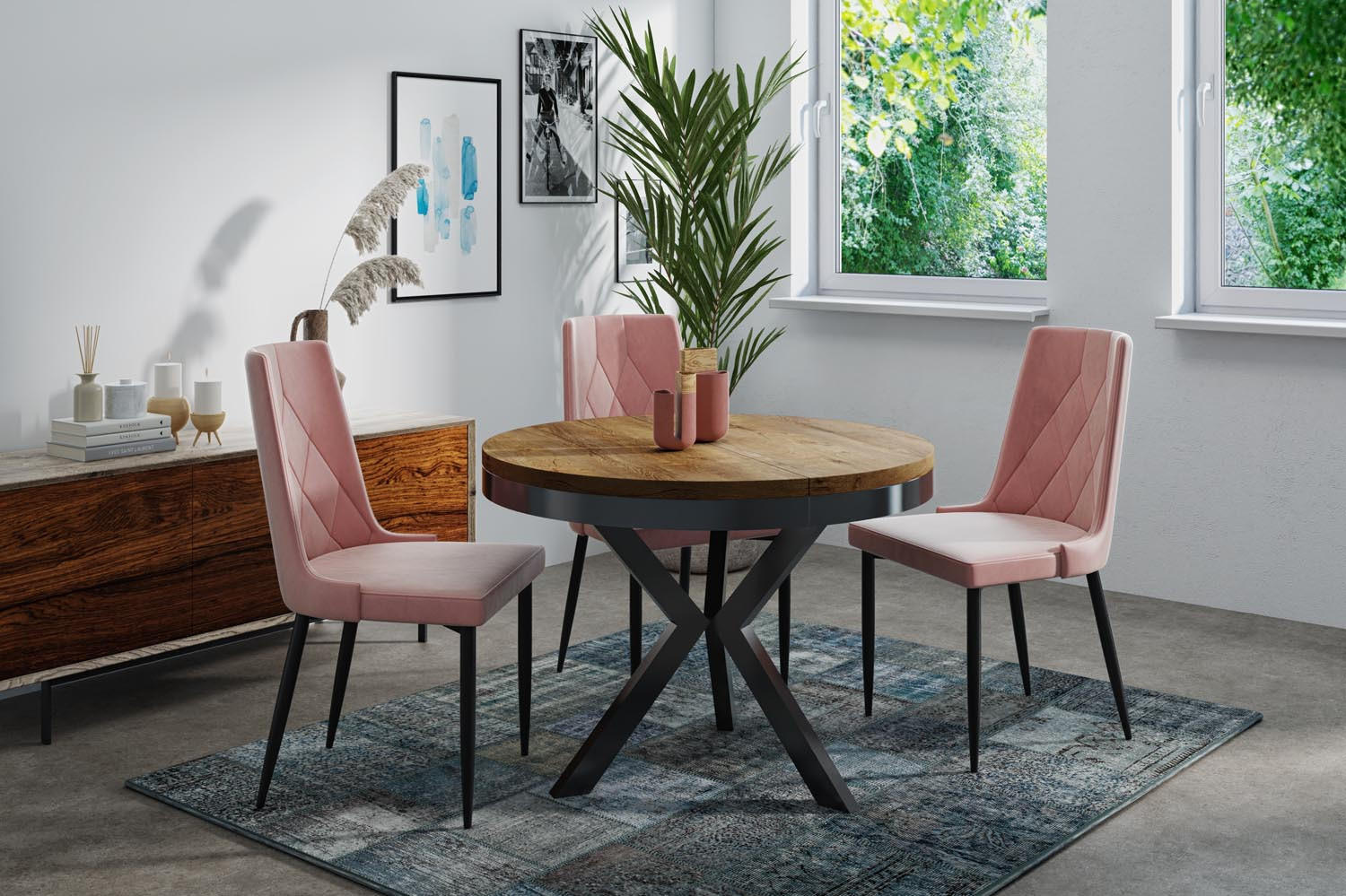 ESSTISCH Velma runder ausziehbarer, Lefkas Eiche 100-140/100/76 cm - Alteiche/Schwarz, Holzwerkstoff/Metall (100/100/76cm) - WFL GROUP