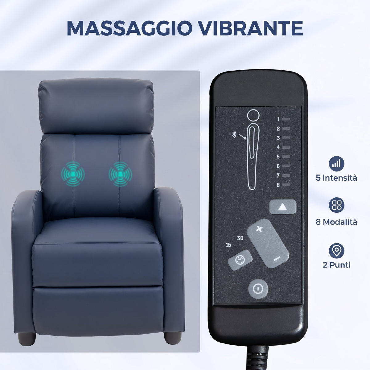 MASSAGESESSEL,PU-LEDER verstellbar Fernbedienung Fußstütze,dunkelblau - Blau, Leder (68/98/88cm) - Vallsero