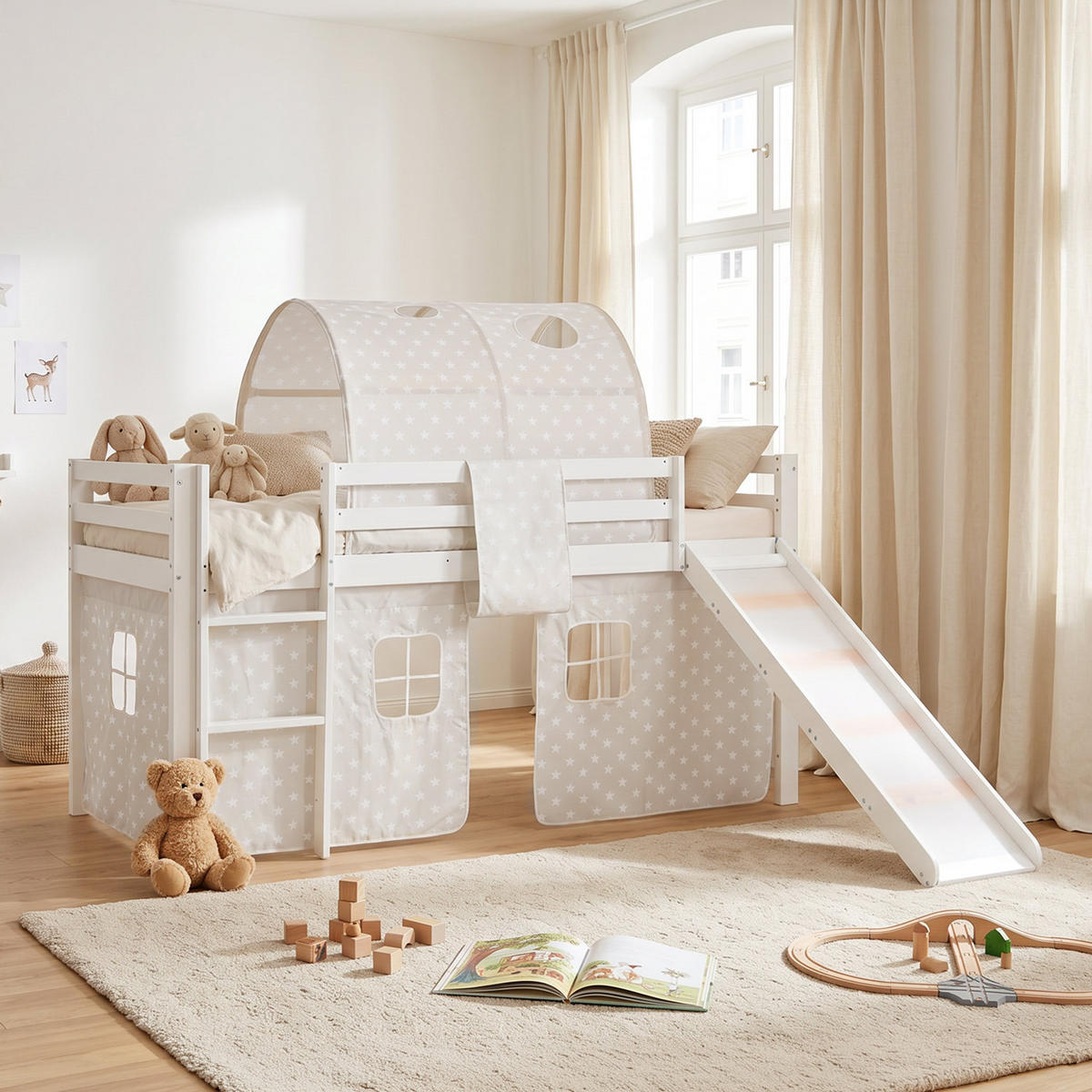 HOCHBETT 90/200 cm in weiß mit Lattenrost und Matratze - Weiß, Holz (90/200cm) - Homestyle4u