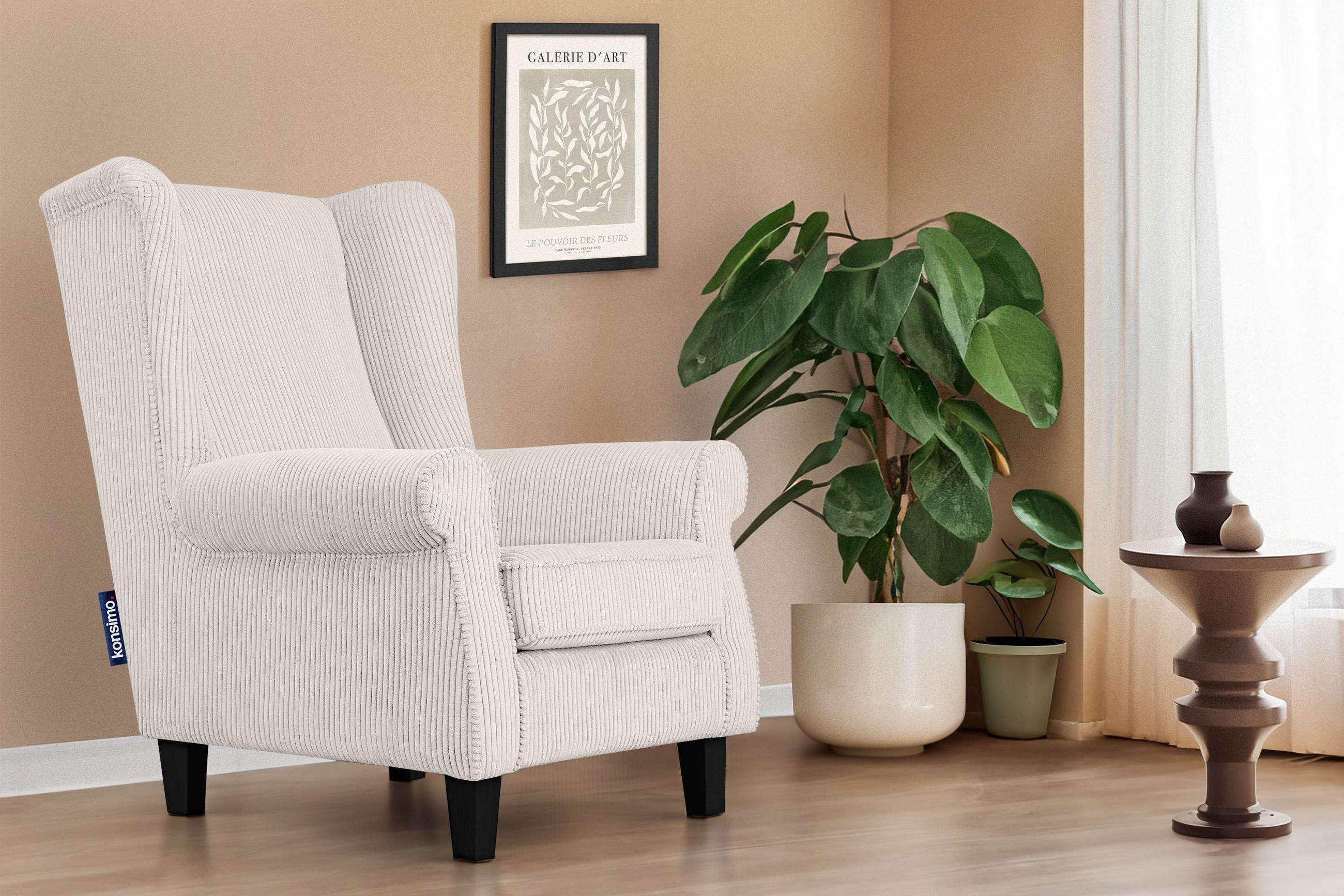 OHRENSESSEL MILES Kord-Bezug Petfriendly, beige - Beige/Creme, Holzwerkstoff/Buchenholz (82/105/97cm) - KONSIMO®